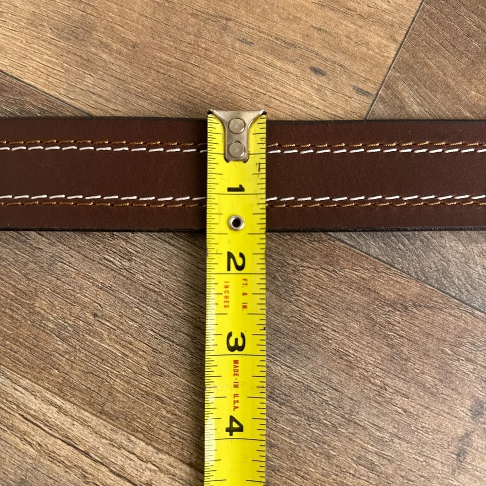 Vintage Handmade Leather Belt Contrast Stitching Silver Buckle Brown‎ Mens 40
